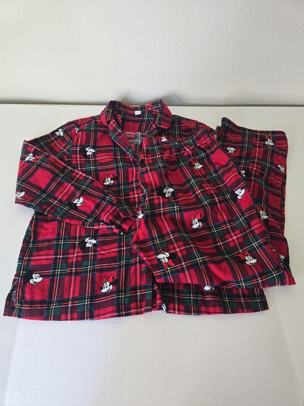Old Navy Disney Women Pajama Set Size L Cotton Flannel Red Plaid Mickey Minnie